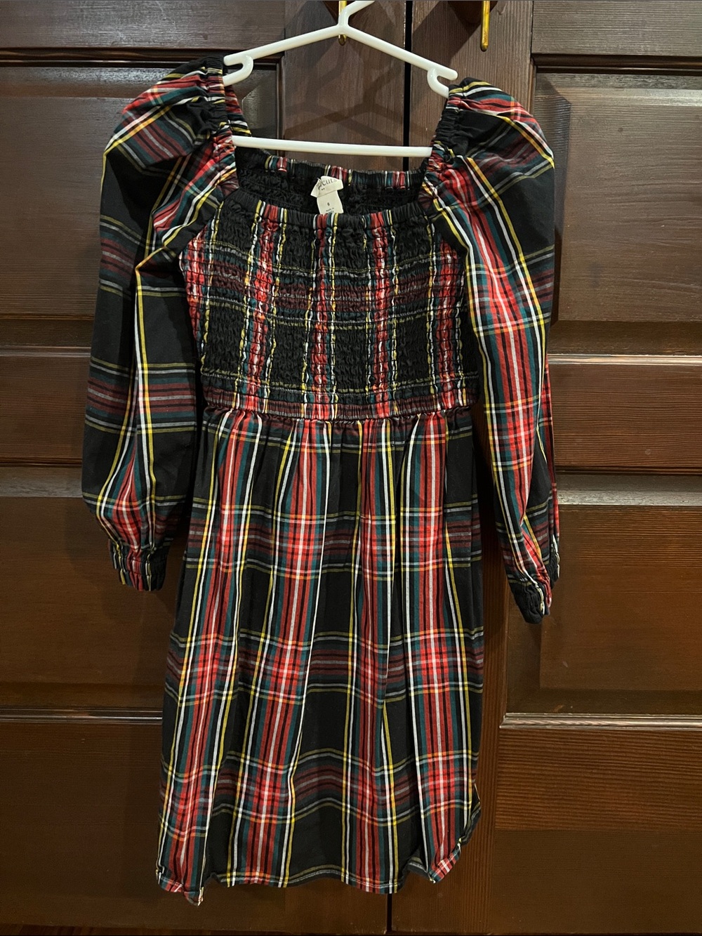 Crewcuts Black Plaid Smocked Puff-Sleeve Dress with Red & Yellow Stripes